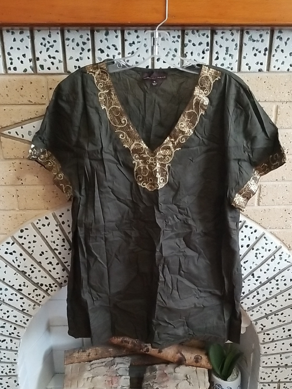 Dana Buchman Olive Tunic with Gold Embroidered V-Neck